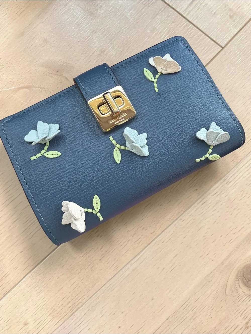 kate spade Navy Floral Appliqué Pebbled Leather Wallet with Gold Hardware